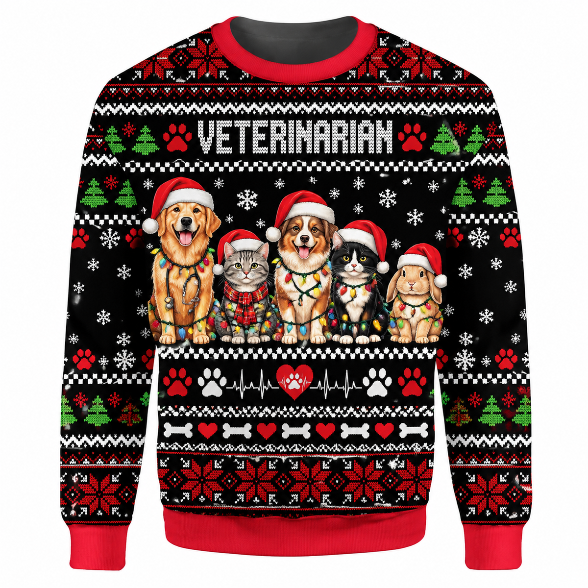 Veterinarian Christmas Ugly Sweater Ln, Cute Animal Theme Knit Pullover Gift for Pet Care Doctors