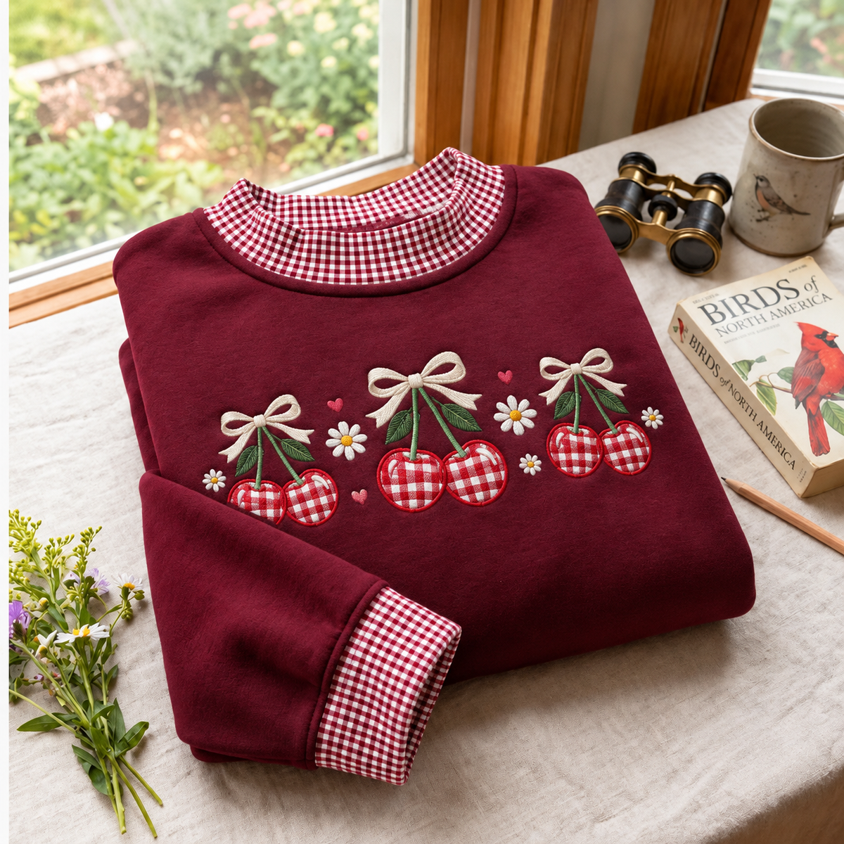 Cherry Embroidery Gingham Sweatshirt Ln, Cute Fruitcore Casual Apparel