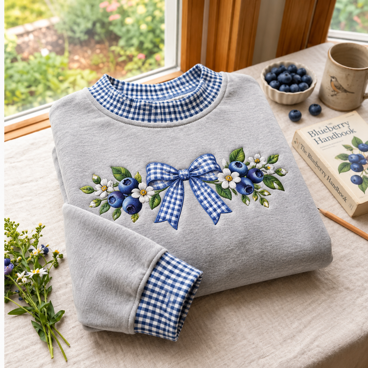 Blueberry Embroidery Gingham Sweatshirt Ln, Whimsical Fruit Lover Apparel