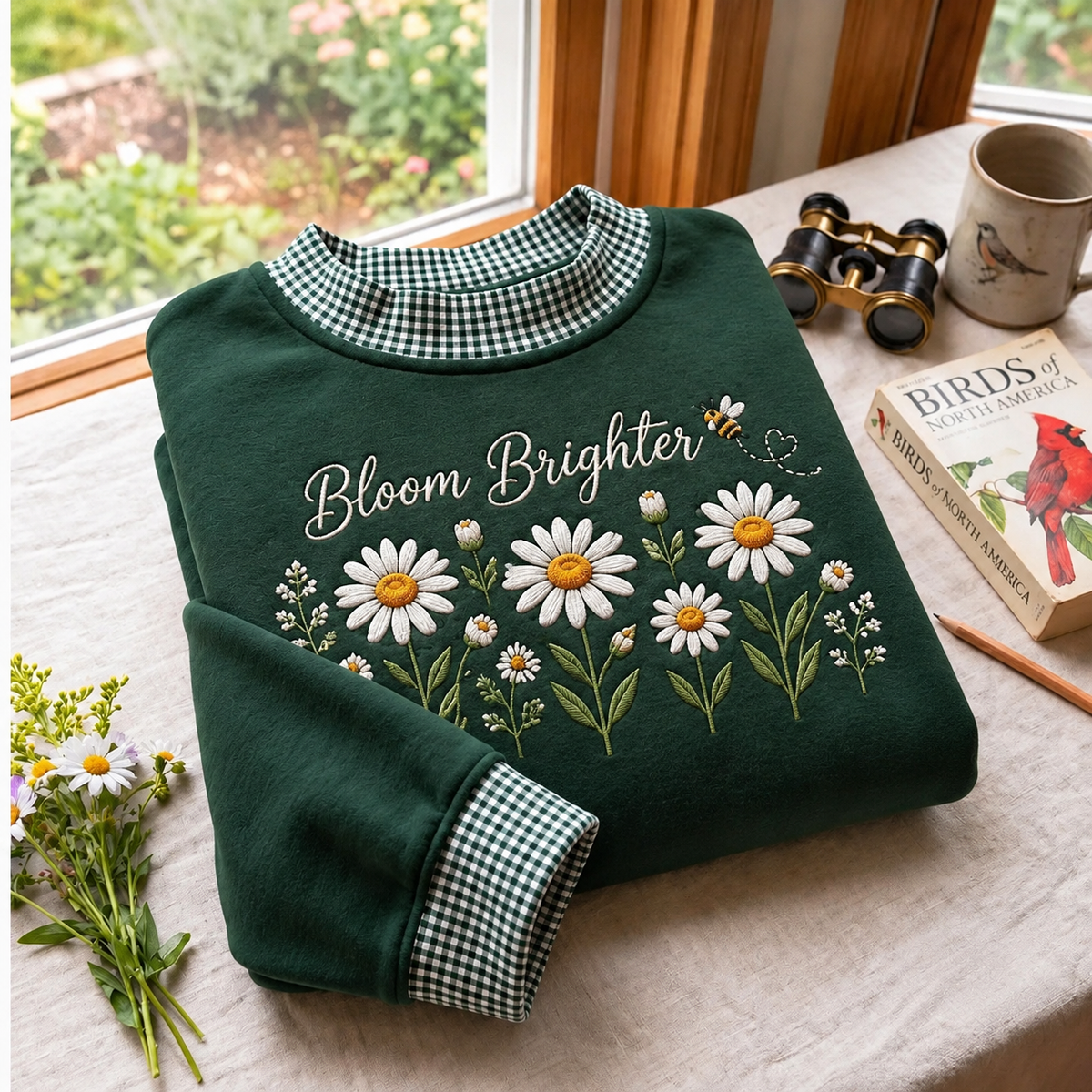 Daisy Flower Embroidery Gingham Sweatshirt Ln, Botanical Spring Pullover