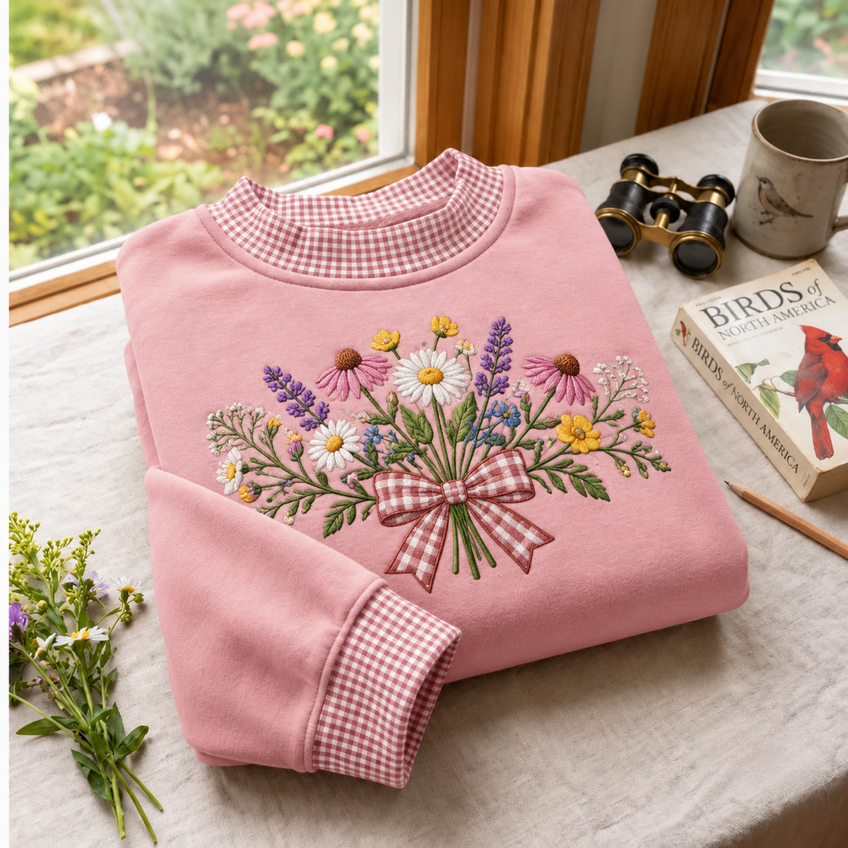 Wildflower Bouquet Embroidery Gingham Sweatshirt Ln, Rustic Floral Apparel