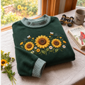 Sunflower Embroidery Gingham Sweatshirt Ln, Cheerful Botanical Casual Pullover