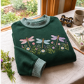 Dragonfly Embroidery Gingham Sweatshirt Ln, Delicate Nature Inspired Pullover