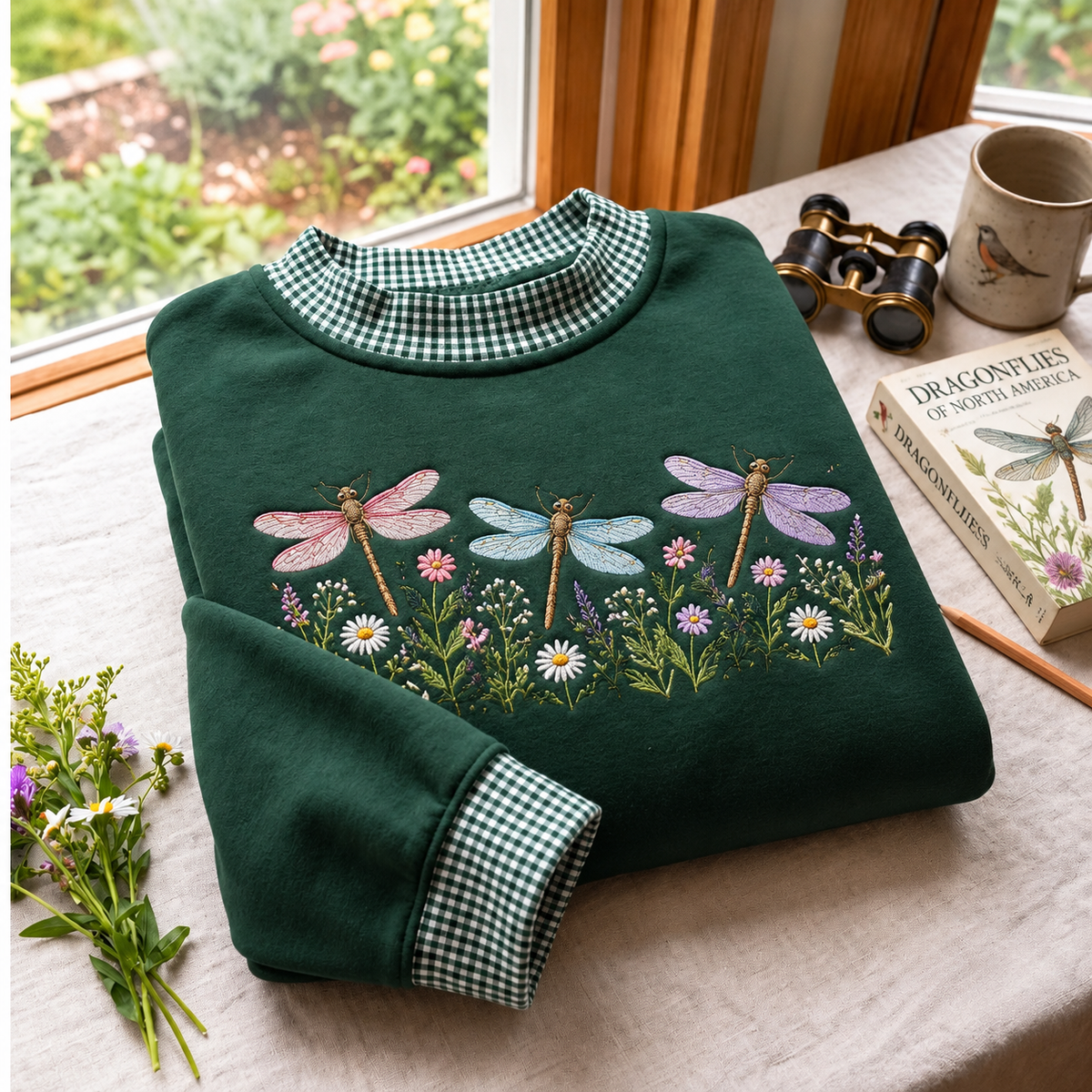 Dragonfly Embroidery Gingham Sweatshirt Ln, Delicate Nature Inspired Pullover