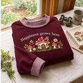 Mushroom Cottage Embroidery Gingham Sweatshirt Ln, Whimsical Woodland Apparel