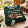 Book Lover Embroidery Gingham Sweatshirt LN, Cozy Reading Enthusiast Pullover