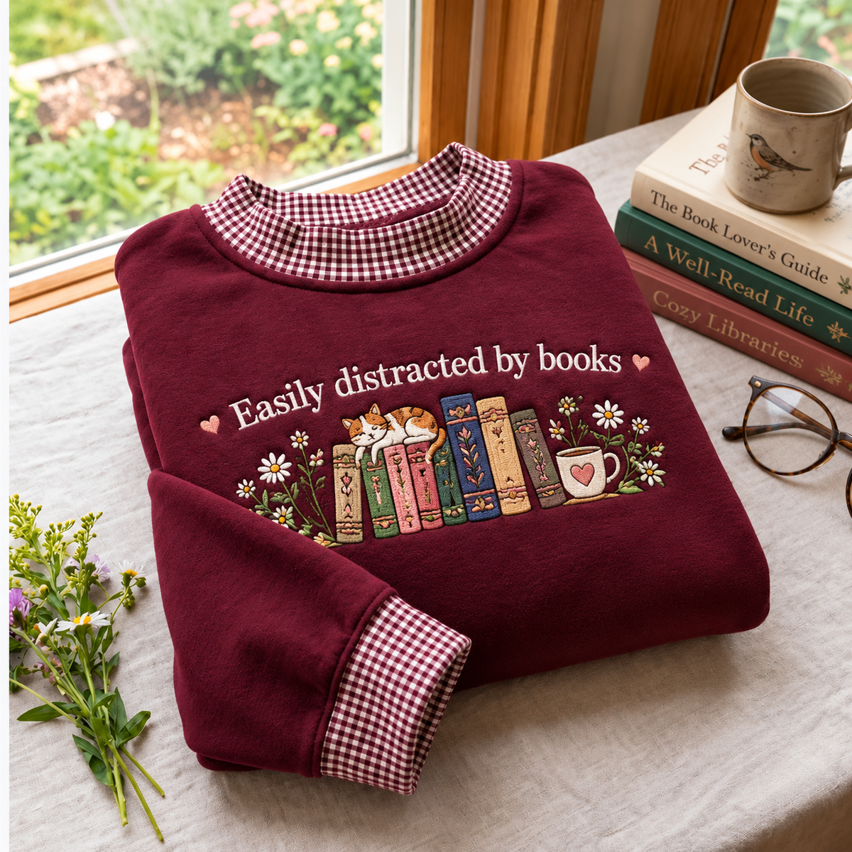 Library Lover Embroidery Gingham Sweatshirt LN, Literary Bookworm Aesthetic Pullover
