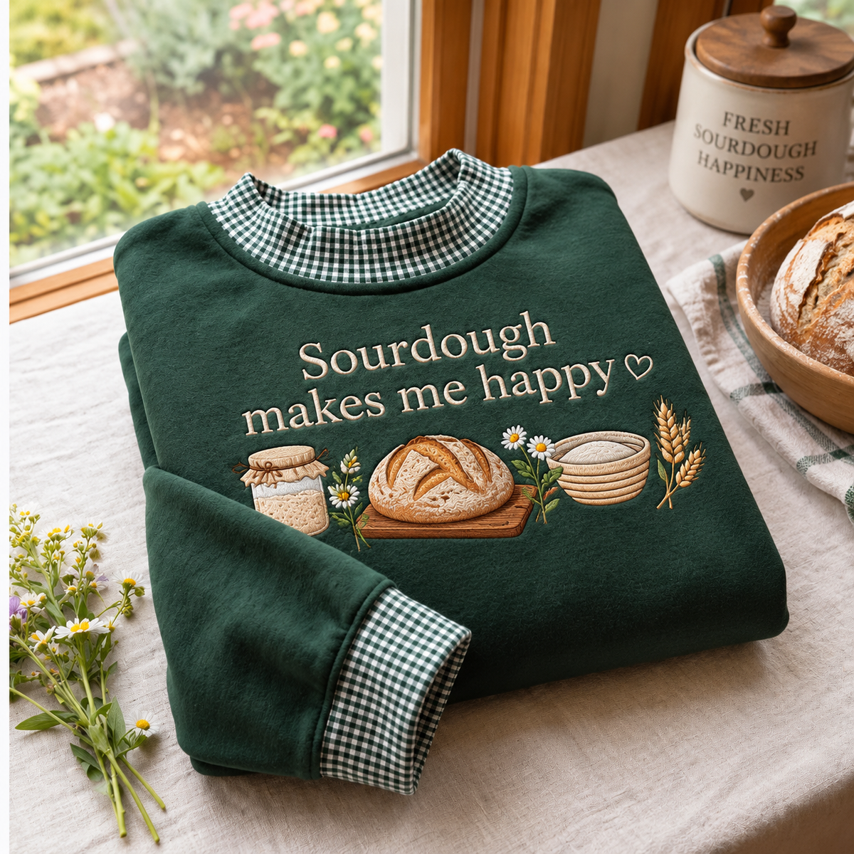 Sourdough Baker Embroidery Gingham Sweatshirt LN, Artisan Bread Baking Pullover
