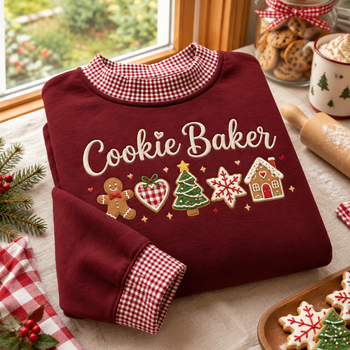 Cookie Baker Embroidery Gingham Sweatshirt LN, Homemade Dessert Enthusiast Pullover
