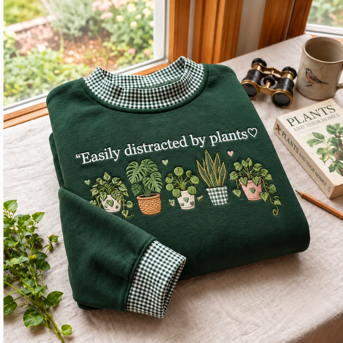 Houseplant Lover Embroidery Gingham Sweatshirt LN, Indoor Greenery Botanical Pullover