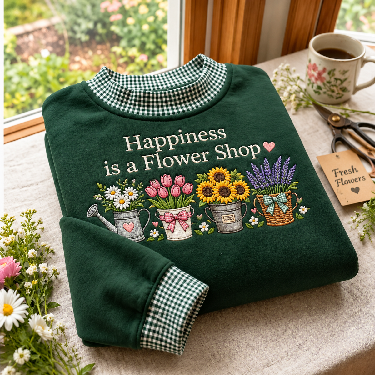 Flower Shop Embroidery Gingham Sweatshirt LN, Floral Boutique Botanical Aesthetic Pullover