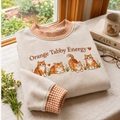 Orange Tabby Cat Embroidery Gingham Sweatshirt Ln, Soft Cotton Blend Pullover for Pet Lovers