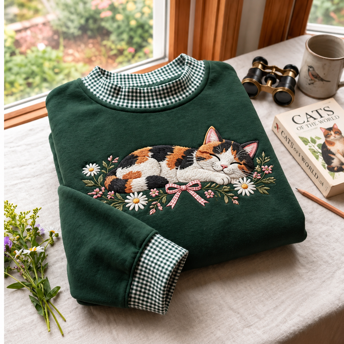 Calico Cat Embroidery Gingham Sweatshirt Ln, Cozy Cotton Blend Pullover for Animal Lovers