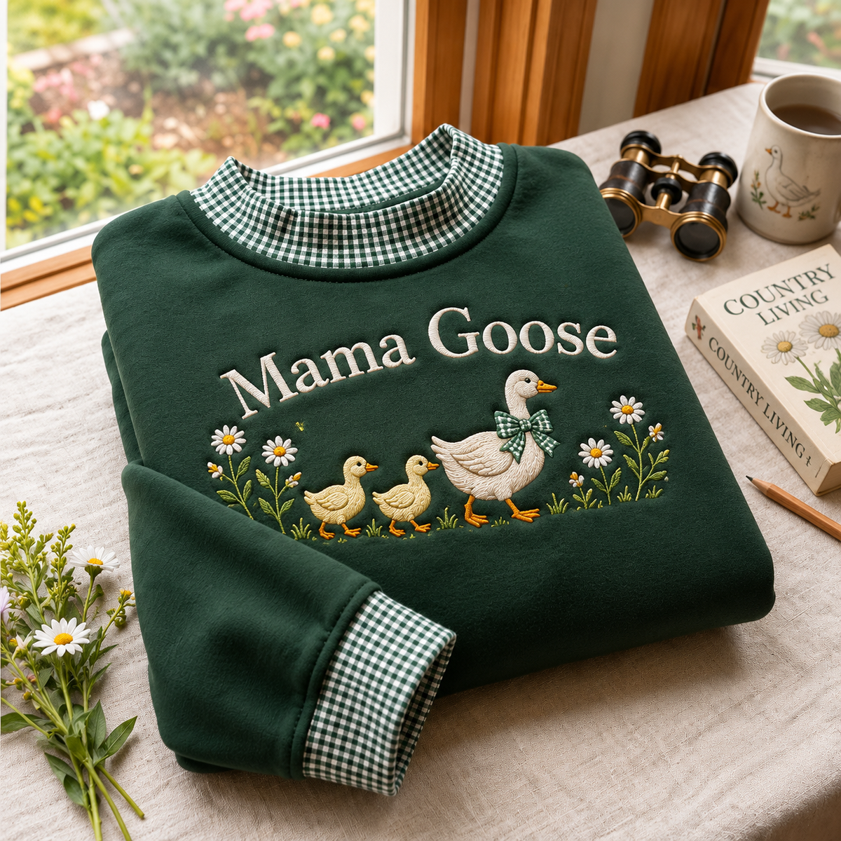 Mama Goose Embroidery Gingham Sweatshirt Ln, Cozy Cotton Blend Pullover for Cute Motherhood Style