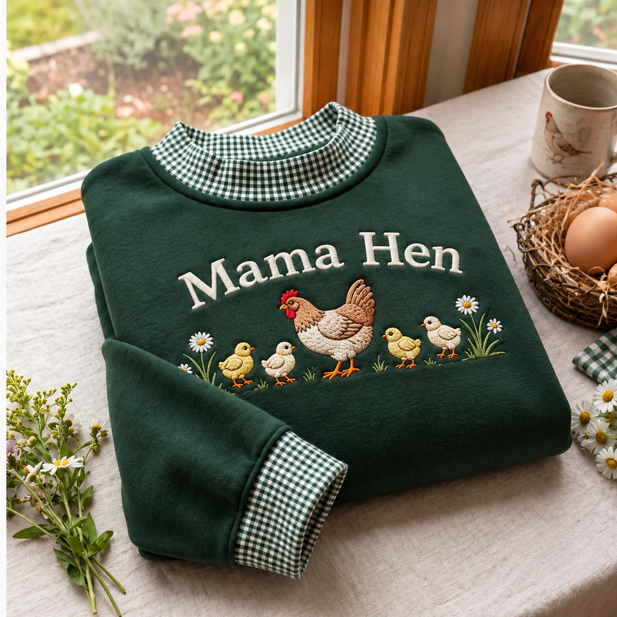 Mama Hen Embroidery Gingham Sweatshirt Ln, Cozy Cotton Blend Casual Pullover for Farmhouse Moms