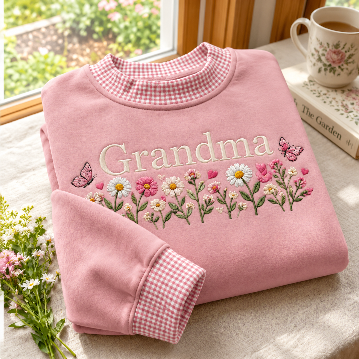 Grandma Embroidery Gingham Sweatshirt Ln, Soft Cotton Blend Pullover for Grandmother Birthday Gift