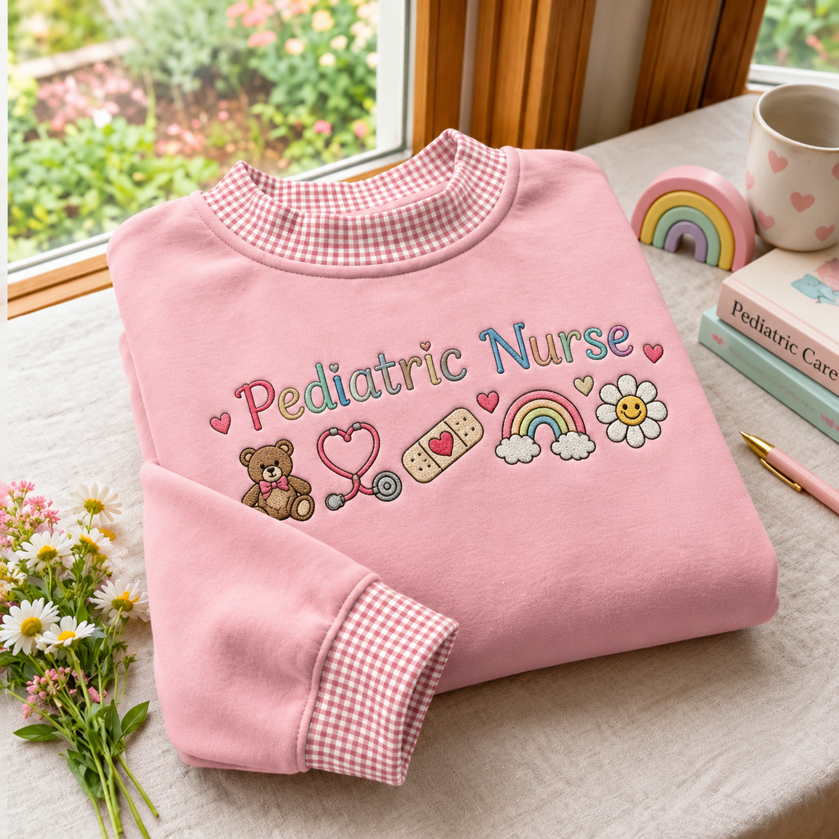 Pediatric Nurse Embroidery Gingham Sweatshirt Ln, Cozy Cotton Blend Pullover for Healthcare Workers