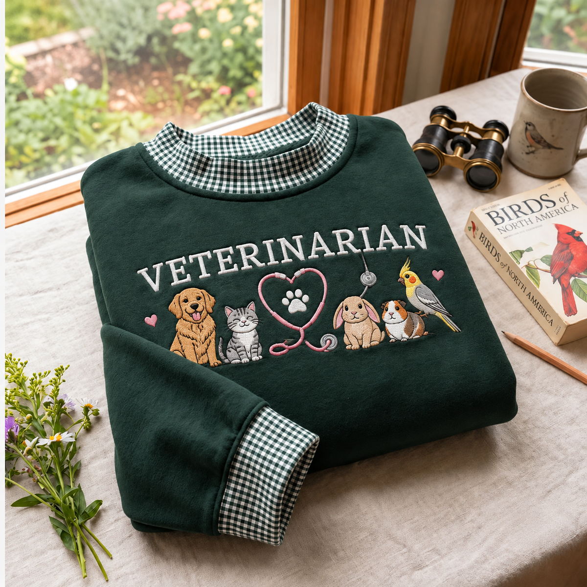 Veterinarian Embroidery Gingham Sweatshirt Ln, Cozy Cotton Blend Pullover for Animal Care Professionals