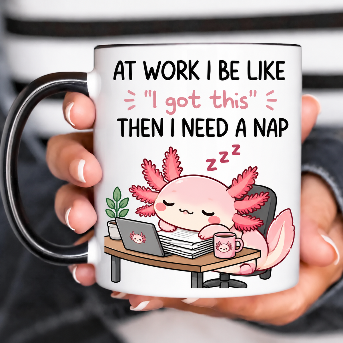 Funny Accent Mug, Sleepy Axolotl Ceramic Coffee Drinkware for Bedroom Desk Decor