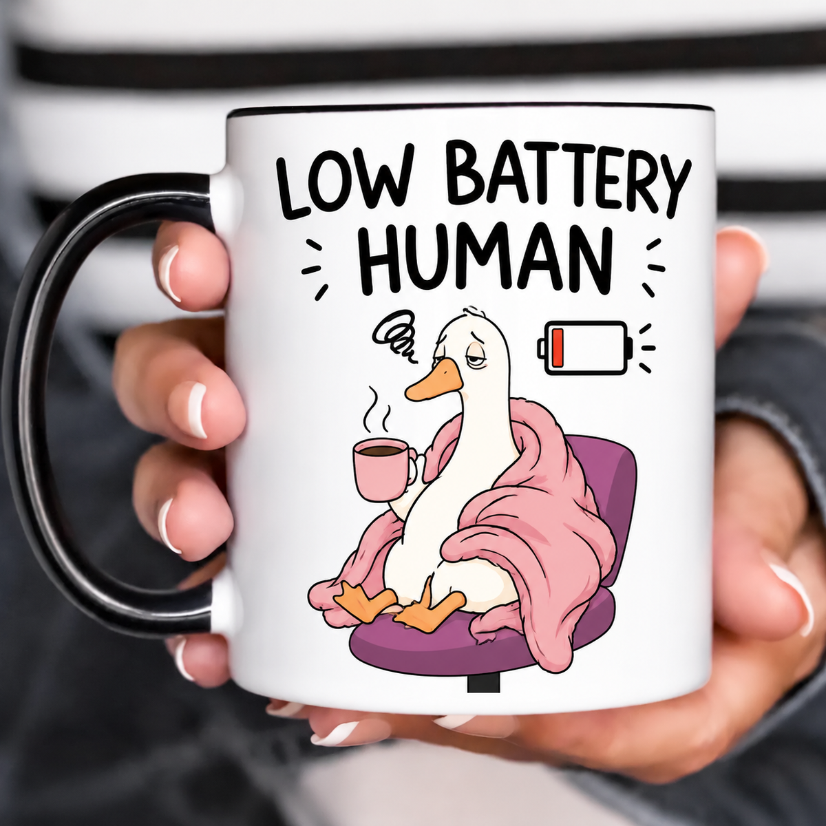 Funny Acent Mug Ln, Low Battery Human, Ceramic Cup for Exhausted Introverts and Desk Decor