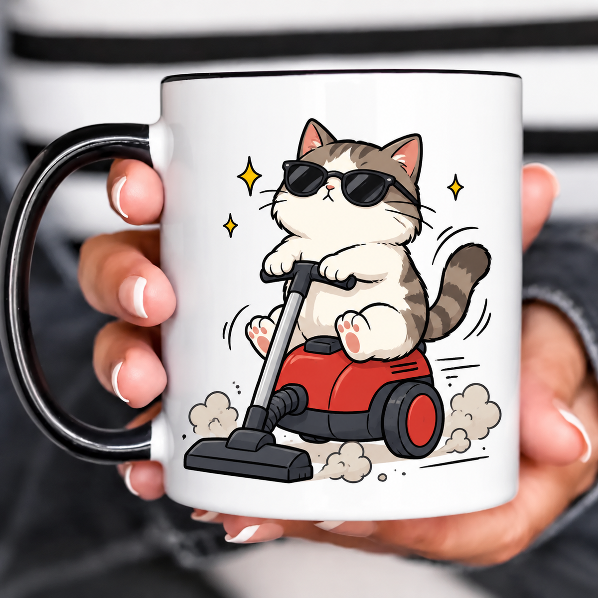 Vacuum Riding Cat Funny Acent Mug Ln, Ceramic Pet Lover Drinkware
