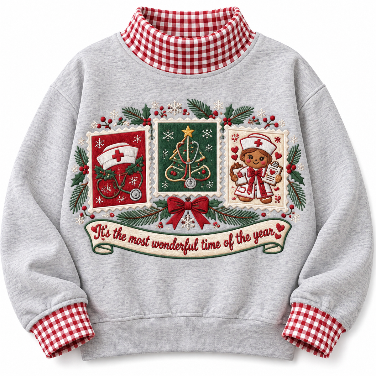 Nurse It's The Most Wonderful Time Of The Year HG AI Gingham Mock Neck Sweatshirt, Embroidered Christmas Stam