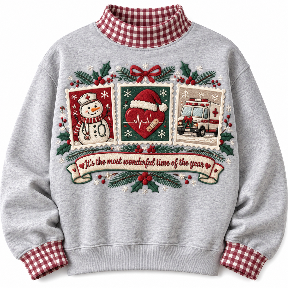 ER Nurse It's The Most Wonderful Time Of The Year HG AI Gingham Mock Neck Sweatshirt, Embroidered Christmas Stam