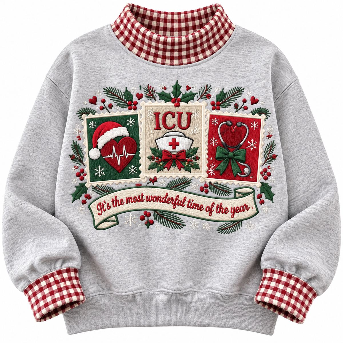 ICU Nurse It's The Most Wonderful Time Of The Year HG AI Gingham Mock Neck Sweatshirt, Embroidered Christmas Stam