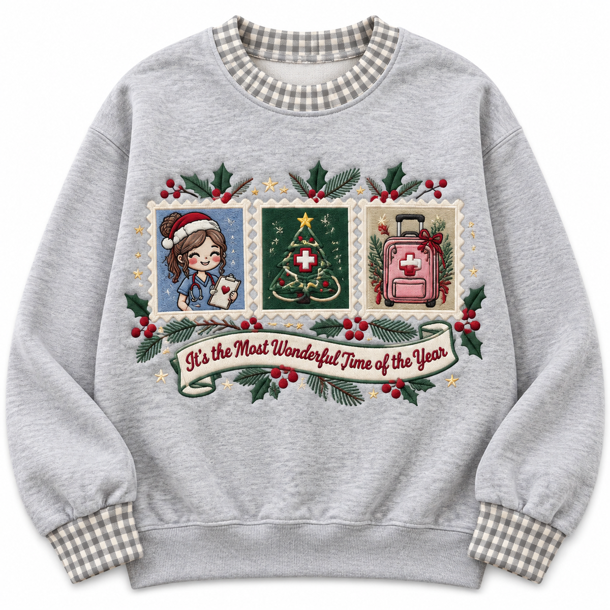 Travel Nurse It's The Most Wonderful Time Of The Year HG AI Gingham Mock Neck Sweatshirt, Embroidered Christmas Stam