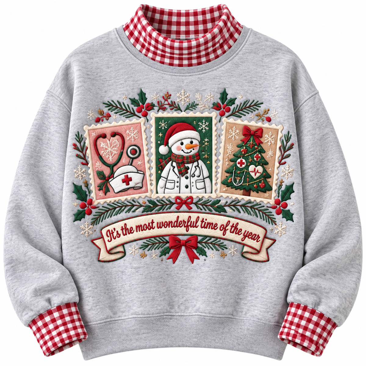 Doctor It's The Most Wonderful Time Of The Year HG AI Gingham Mock Neck Sweatshirt, Embroidered Christmas Stam
