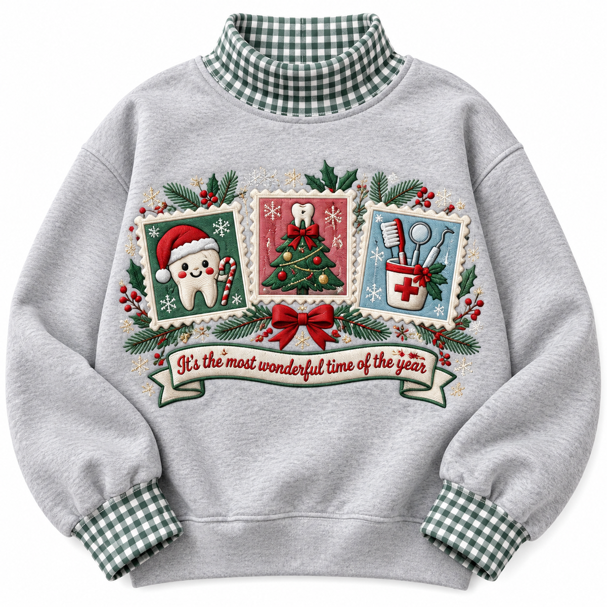 Dentist It's The Most Wonderful Time Of The Year HG AI Gingham Mock Neck Sweatshirt, Embroidered Christmas Stam