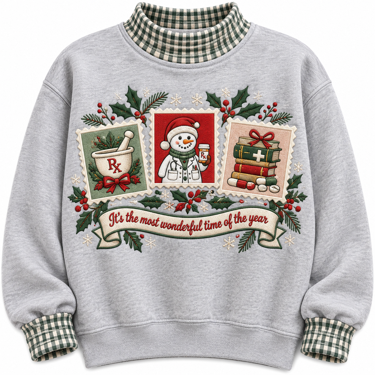 Pharmacist It's The Most Wonderful Time Of The Year HG AI Gingham Mock Neck Sweatshirt, Embroidered Christmas Stam