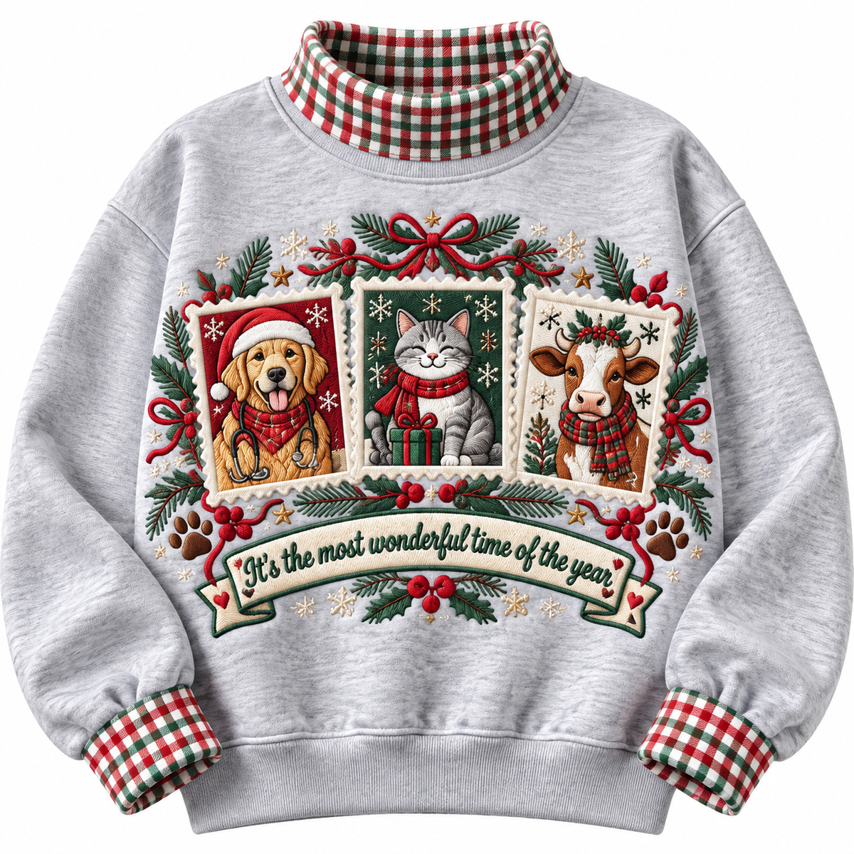 Veterinarian It's The Most Wonderful Time Of The Year HG AI Gingham Mock Neck Sweatshirt, Embroidered Christmas Stam