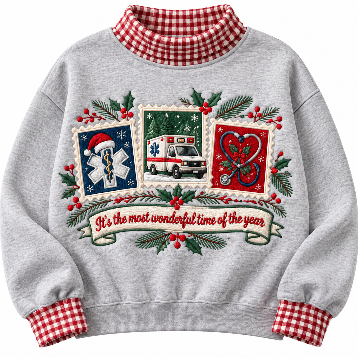 EMT It's The Most Wonderful Time Of The Year HG AI Gingham Mock Neck Sweatshirt, Embroidered Christmas Stam