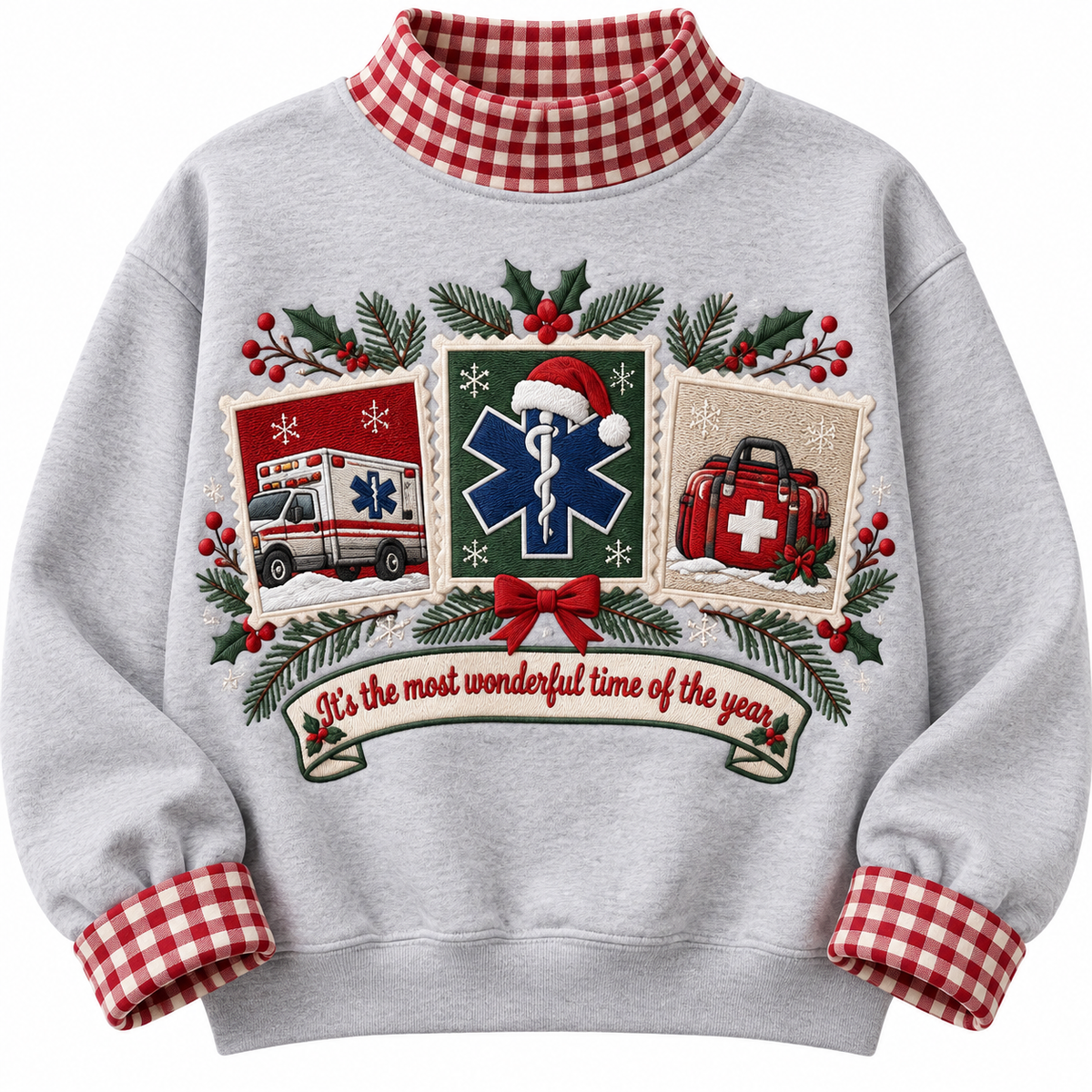 Paramedic It's The Most Wonderful Time Of The Year HG AI Gingham Mock Neck Sweatshirt, Embroidered Christmas Stam