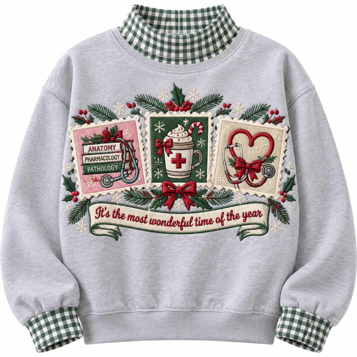 Medical Student It's The Most Wonderful Time Of The Year HG AI Gingham Mock Neck Sweatshirt, Embroidered Christmas Stam