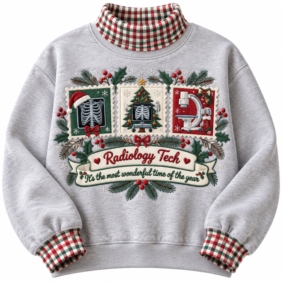 Radiology Tech It's The Most Wonderful Time Of The Year HG AI Gingham Mock Neck Sweatshirt, Embroidered Christmas Stam