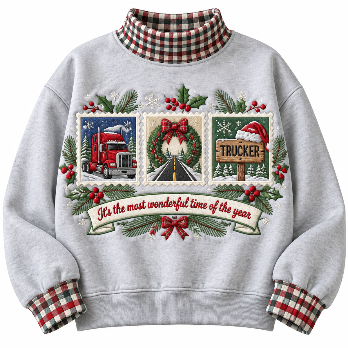 Trucker It's The Most Wonderful Time Of The Year HG AI Gingham Mock Neck Sweatshirt, Embroidered Christmas Stam