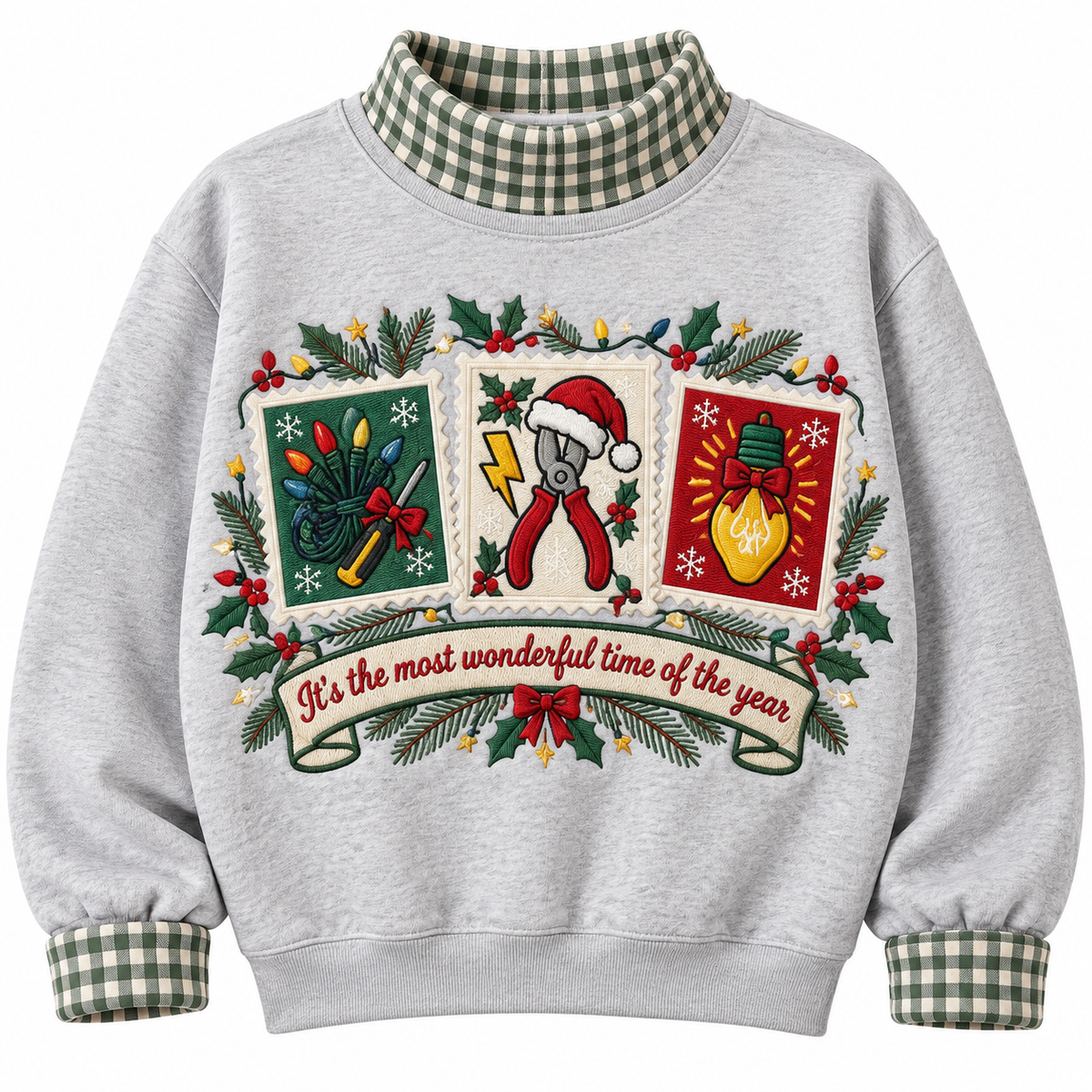 Electrician It's The Most Wonderful Time Of The Year HG AI Gingham Mock Neck Sweatshirt, Embroidered Christmas Stam