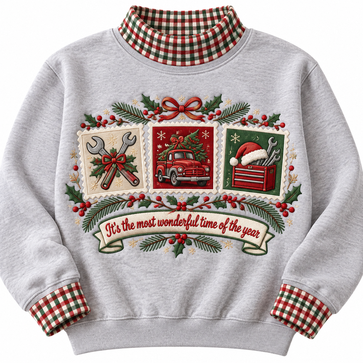 Mechanic It's The Most Wonderful Time Of The Year HG AI Gingham Mock Neck Sweatshirt, Embroidered Christmas Stam