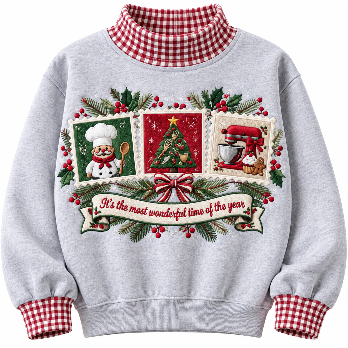 Chef It's The Most Wonderful Time Of The Year HG AI Gingham Mock Neck Sweatshirt, Embroidered Christmas Stam