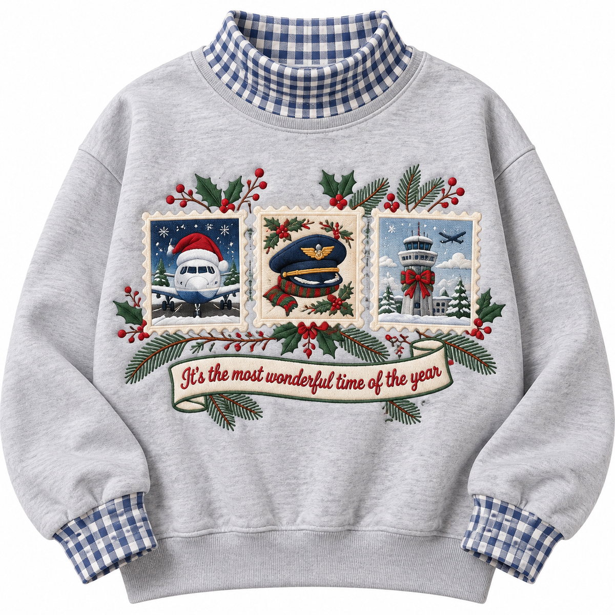 Pilot It's The Most Wonderful Time Of The Year HG AI Gingham Mock Neck Sweatshirt, Embroidered Christmas Stam