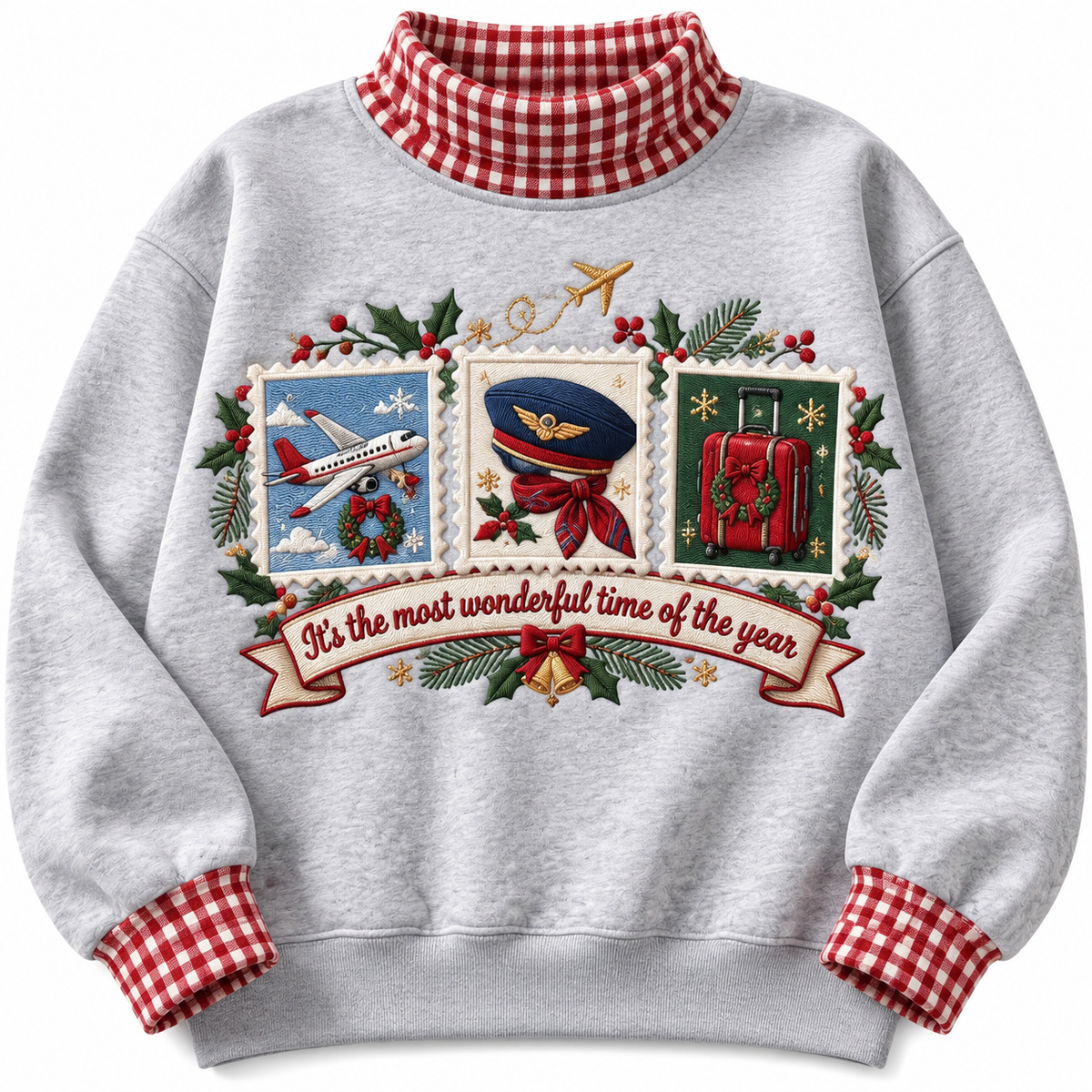 Flight Attendant It's The Most Wonderful Time Of The Year HG AI Gingham Mock Neck Sweatshirt, Embroidered Christmas Stam