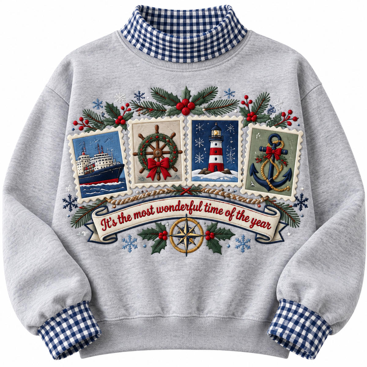 Merchant Marine It's The Most Wonderful Time Of The Year HG AI Gingham Mock Neck Sweatshirt, Embroidered Christmas Stam