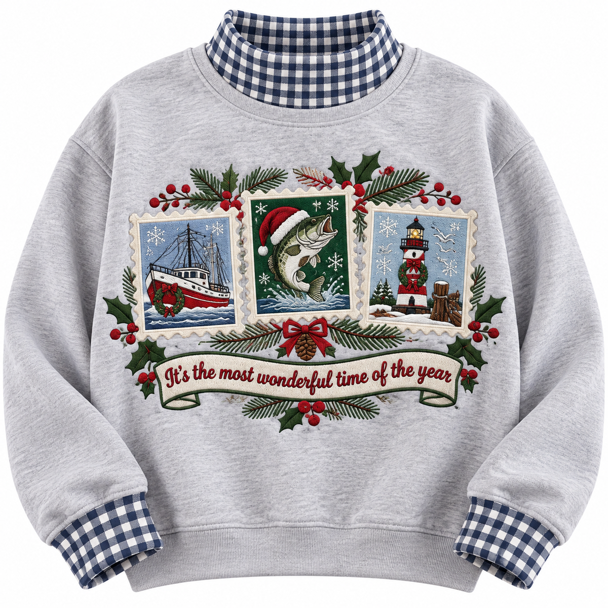 Fishing Boat Captain It's The Most Wonderful Time Of The Year HG AI Gingham Mock Neck Sweatshirt, Embroidered Christmas