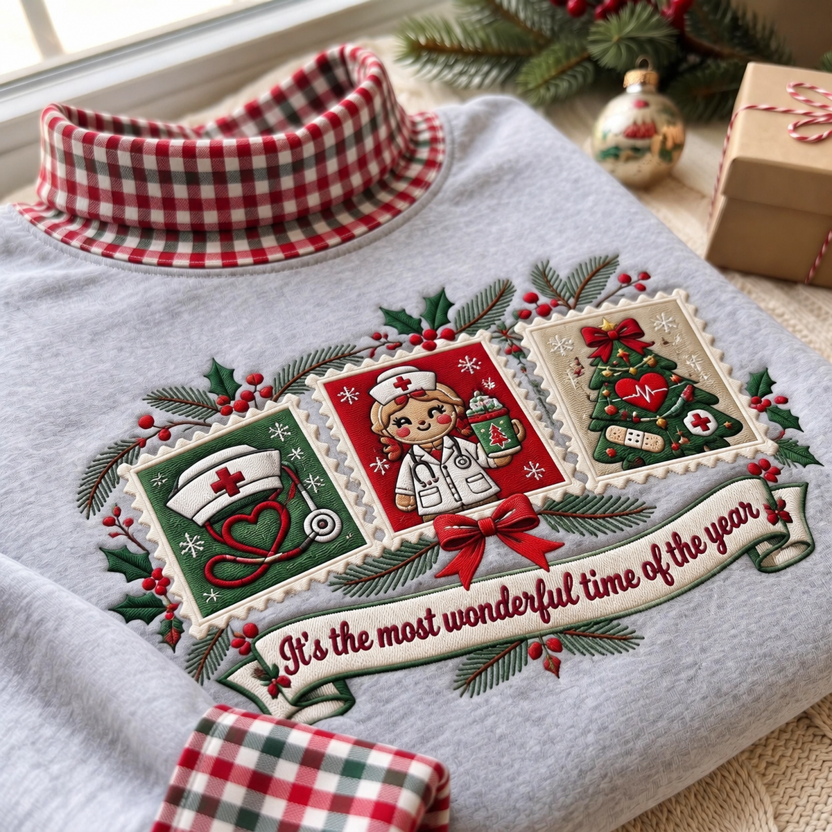 Nurse It's The Most Wonderful Time Of The Year HG AI Gingham Mock Neck Sweatshirt, Embroidered Christmas Stam