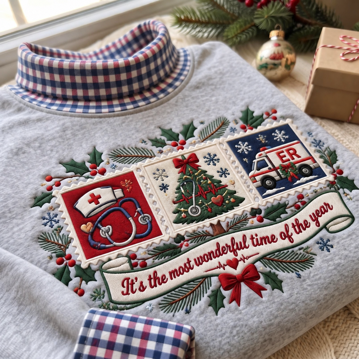 ER Nurse It's The Most Wonderful Time Of The Year HG AI Gingham Mock Neck Sweatshirt, Embroidered Christmas Stam