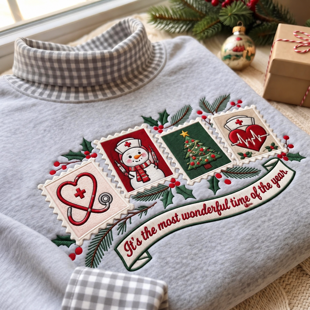 ICU Nurse It's The Most Wonderful Time Of The Year HG AI Gingham Mock Neck Sweatshirt, Embroidered Christmas Stam