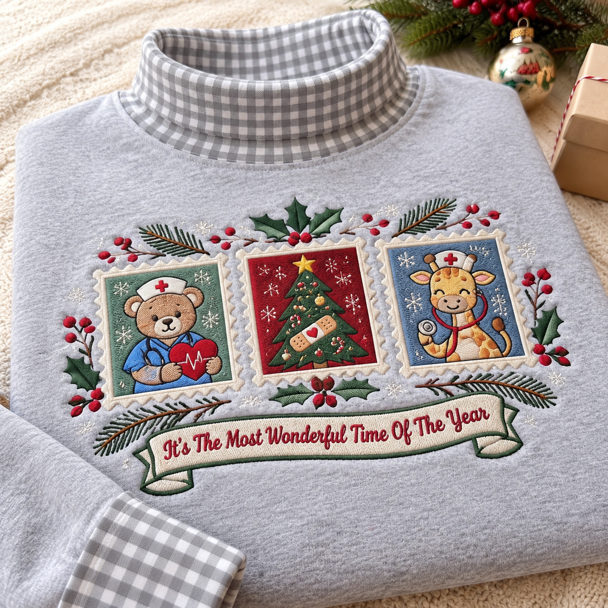 Pediatric Nurse It's The Most Wonderful Time Of The Year HG AI Gingham Mock Neck Sweatshirt, Embroidered Christmas Stam