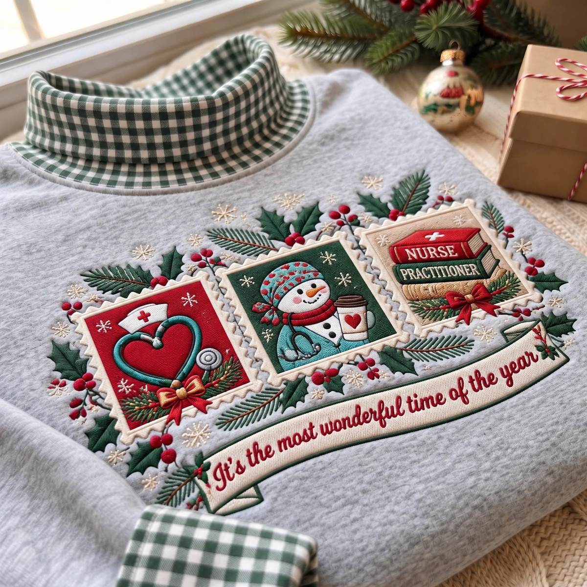 Nurse Practitioner It's The Most Wonderful Time Of The Year HG AI Gingham Mock Neck Sweatshirt, Embroidered Christmas